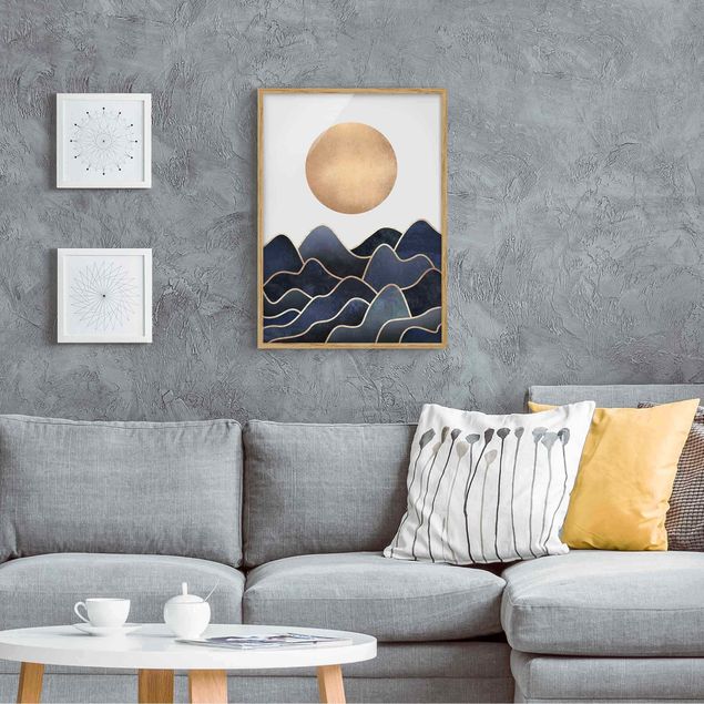 Abstrakte Bilder mit Rahmen Goldene Sonne blaue Wellen