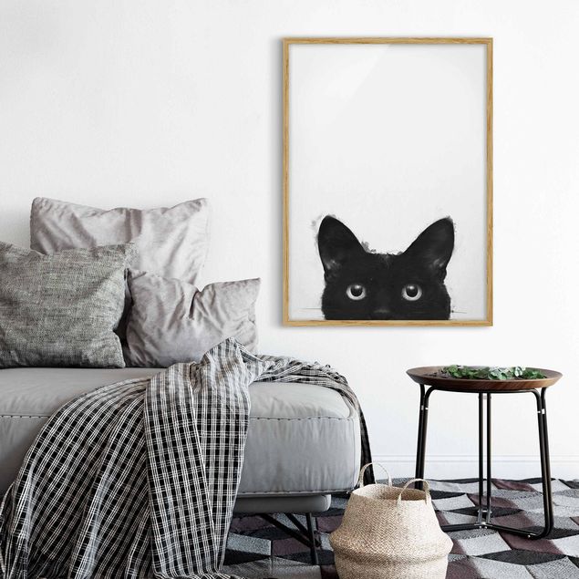 Bilder mit Rahmen Schwarz-Weiß Illustration Schwarze Katze auf Weiß Malerei