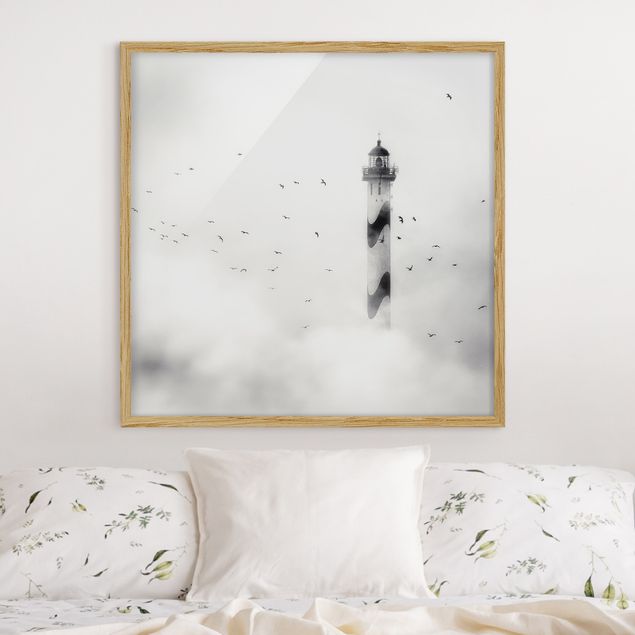 Bilder mit Rahmen Schwarz-Weiß Leuchtturm im Nebel