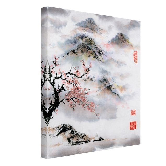 Leinwandbilder Natur Japanische Aquarell Zeichnung Kirschbaum und Berge