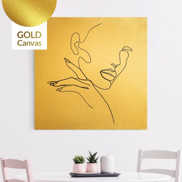 Leinwandbild Gold - Line Art Frau Portrait Schwarz Weiß - Quadrat 1:1
