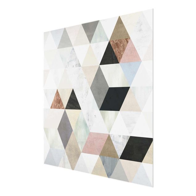 Glasbild - Aquarell-Mosaik mit Dreiecken I - Quadrat 1:1