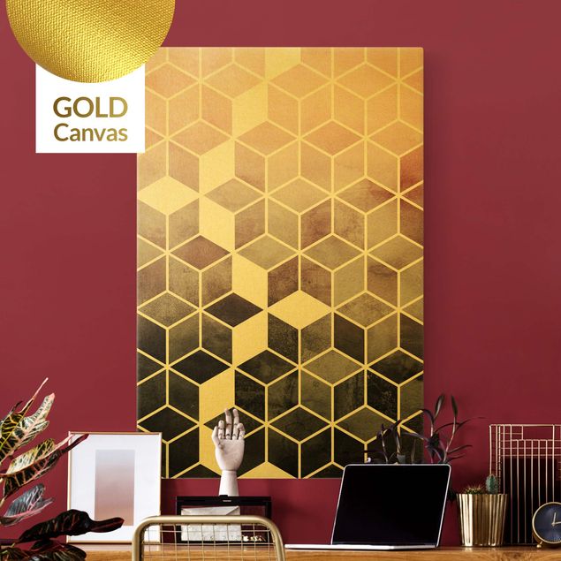 Leinwandbild Gold - Goldene Geometrie - Rosa Grau - Hochformat 2:3
