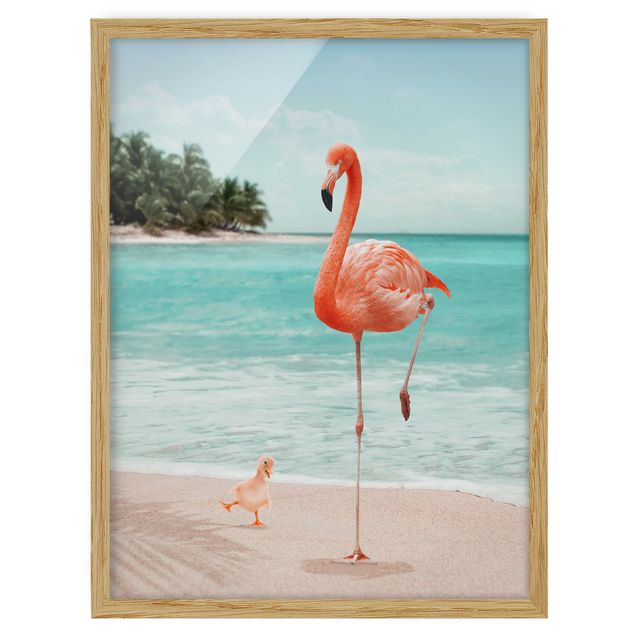 Kunstdrucke mit Rahmen Strand mit Flamingo