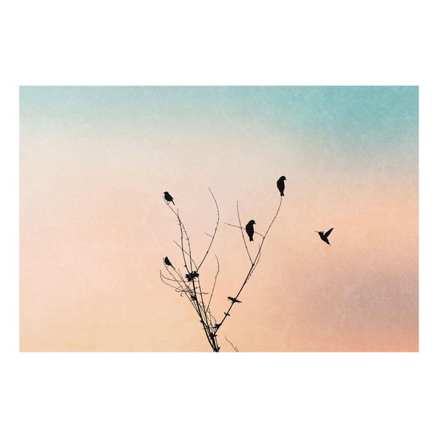 Glasbild Landschaften Vögel vor rosa Sonne II