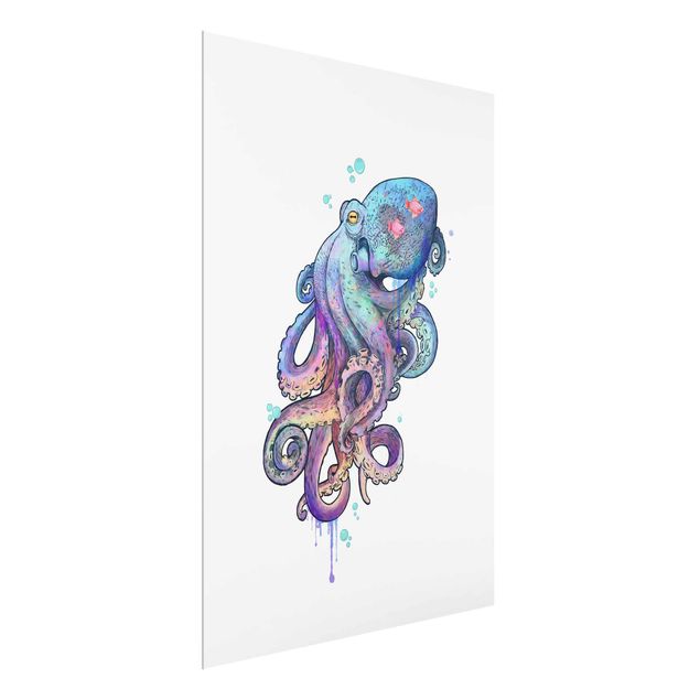 Glasbilder Tiere Illustration Oktopus Violett Türkis Malerei