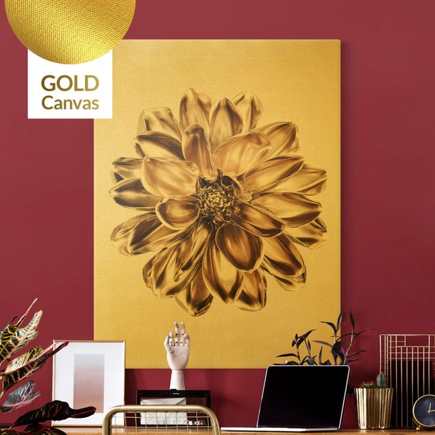 Leinwandbild Gold - Dahlie Blume Gold Metallic - Hochformat 3:4
