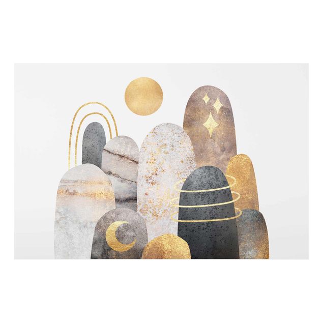 Glasbild - Elisabeth Fredriksson - Gold Berge mit Mond - Querformat 3:2