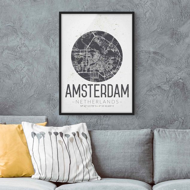 Weltkarten mit Rahmen Stadtplan Amsterdam - Retro