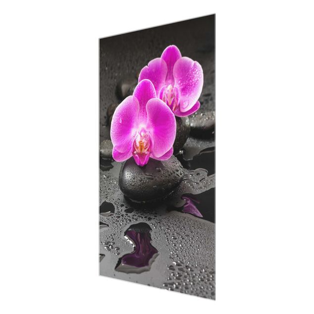 Glas Wandbilder Pinke Orchideenblüten auf Steinen mit Tropfen