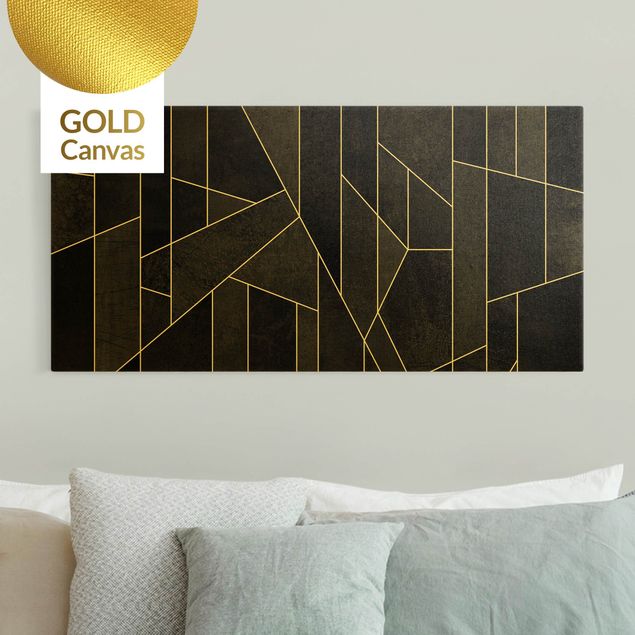 Leinwandbild Gold - Schwarz Weiß Geometrie Aquarell - Querformat 2:1