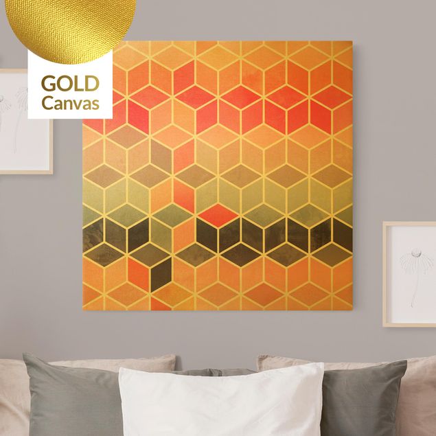 Leinwandbild Gold - Goldene Geometrie - Buntes Pastell - Quadrat 1:1