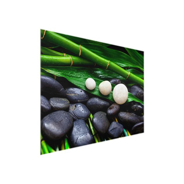 Glasbild Grün Grüner Bambus mit Zen Steinen
