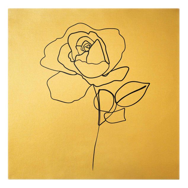 Leinwandbild Gold - Line Art Rose Schwarz Weiß - Quadrat 1:1