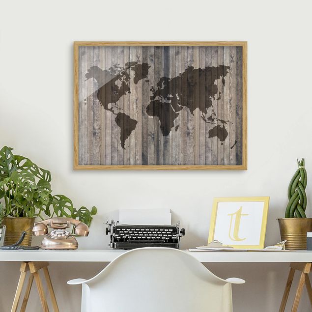 Weltkarte mit Bilderrahmen Holz Weltkarte