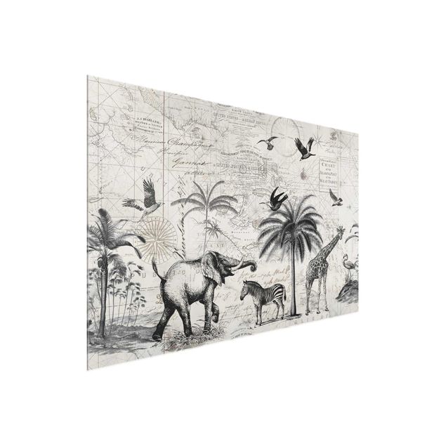 Schwarz-Weiß Glasbilder Vintage Collage - Exotische Landkarte