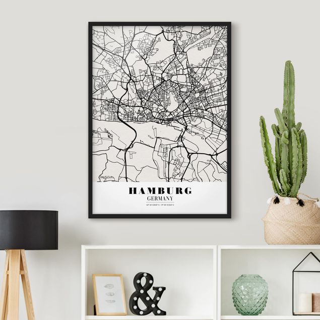 Schwarz-Weiß Bilder mit Rahmen Stadtplan Hamburg - Klassik