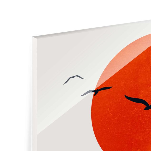 Glas Wandbilder Vogelschwarm vor roter Sonne I