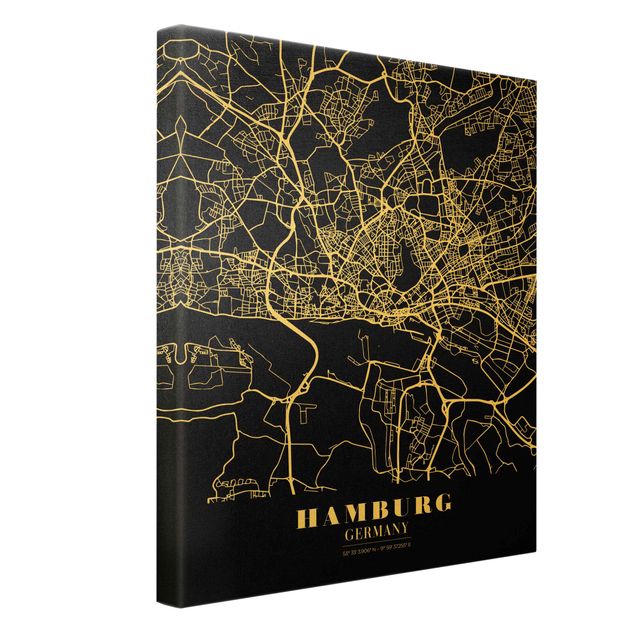 Leinwandbild Gold - Stadtplan Hamburg - Klassik Schwarz - Hochformat 3:4