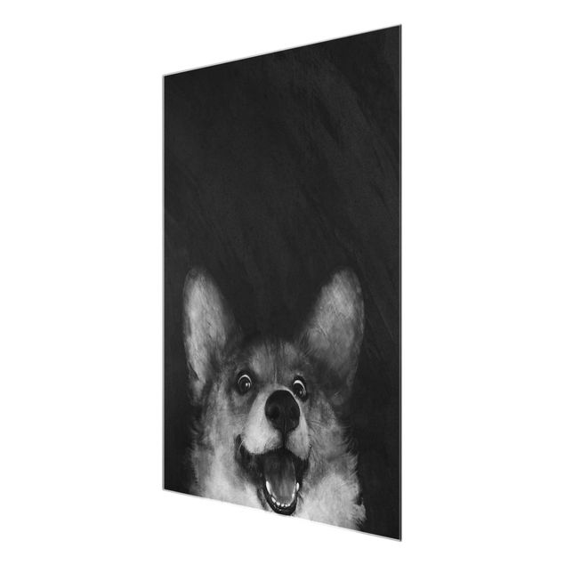 Glasbild - Illustration Hund Corgi Malerei Schwarz Weiß - Hochformat 4:3