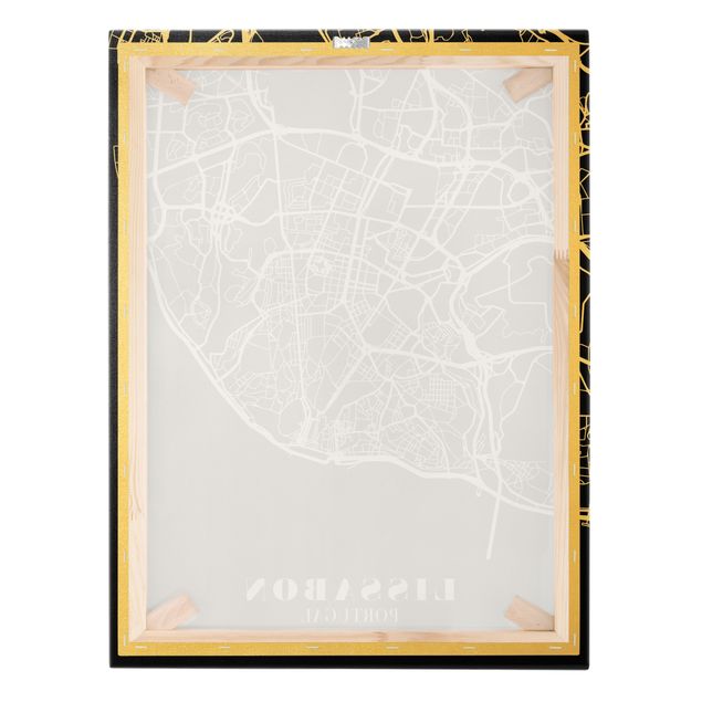 Leinwandbild Gold - Stadtplan Lissabon - Klassik Schwarz - Hochformat 3:4