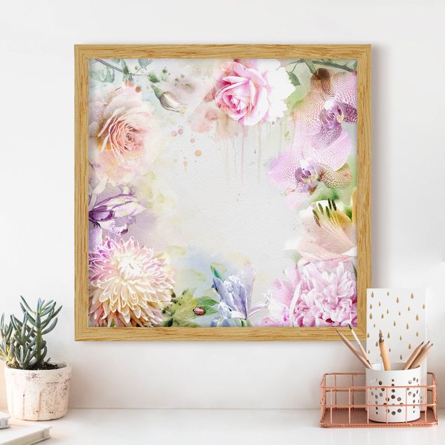 Bilder mit Rahmen Blumen Aquarell Blütenmix Pastell