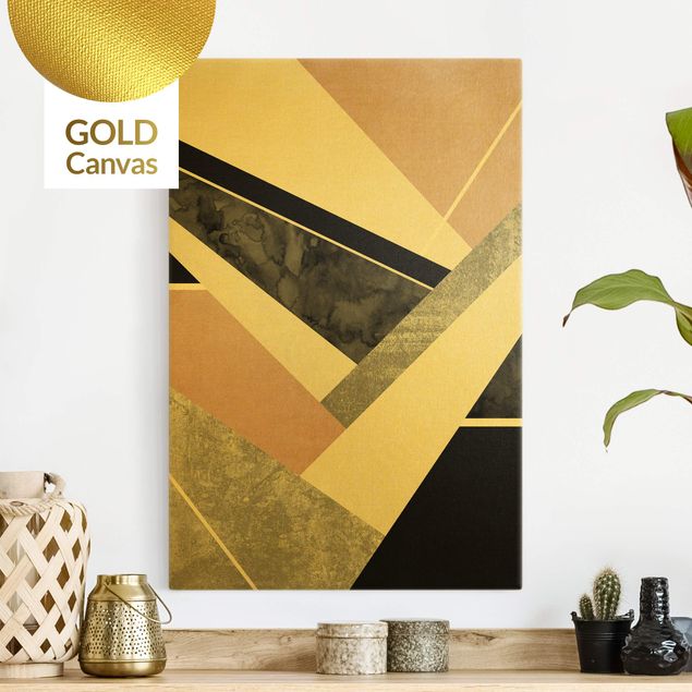 Leinwandbild Gold - Goldene Geometrie - Rosa Schwarz - Hochformat 2:3