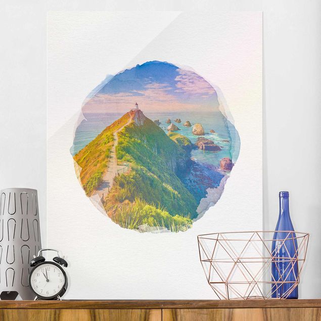 Glasbild - Wasserfarben - Nugget Point Leuchtturm und Meer Neuseeland - Hochformat 4:3