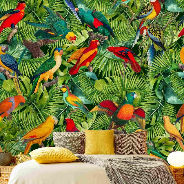 Fototapete modern Bunte Collage - Papageien im Dschungel