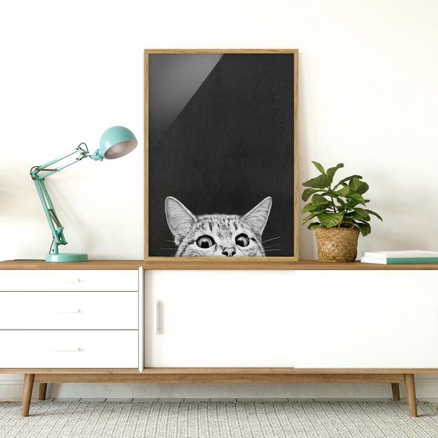 Kunstdruck Bilder mit Rahmen Illustration Katze Schwarz Weiß Zeichnung