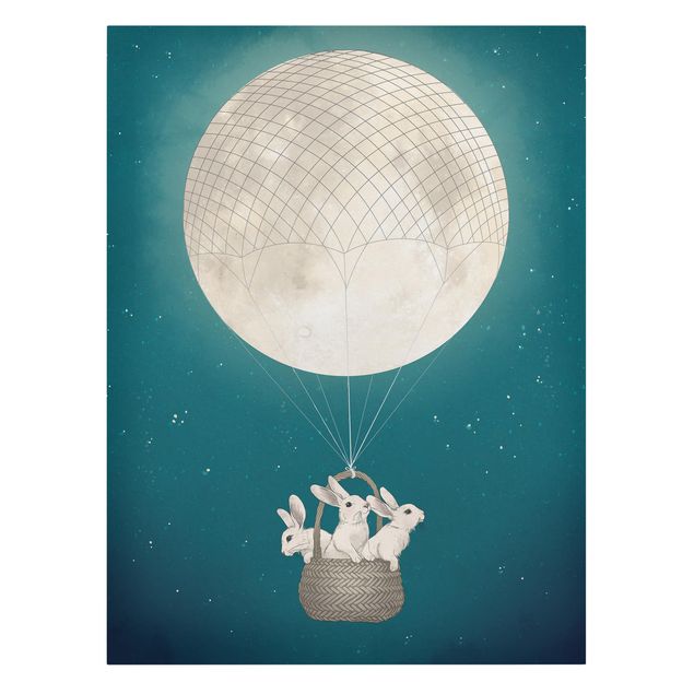 Tierbilder auf Leinwand Illustration Hasen Mond-Heißluftballon Sternenhimmel
