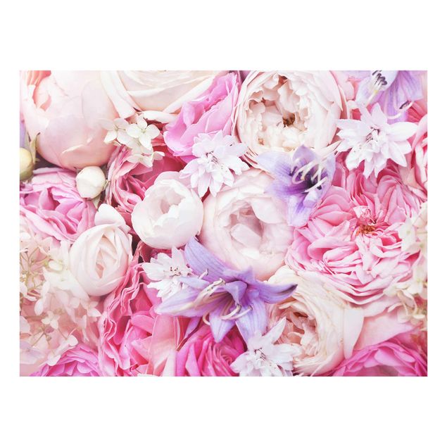 Glasbild Natur Shabby Rosen mit Glockenblumen