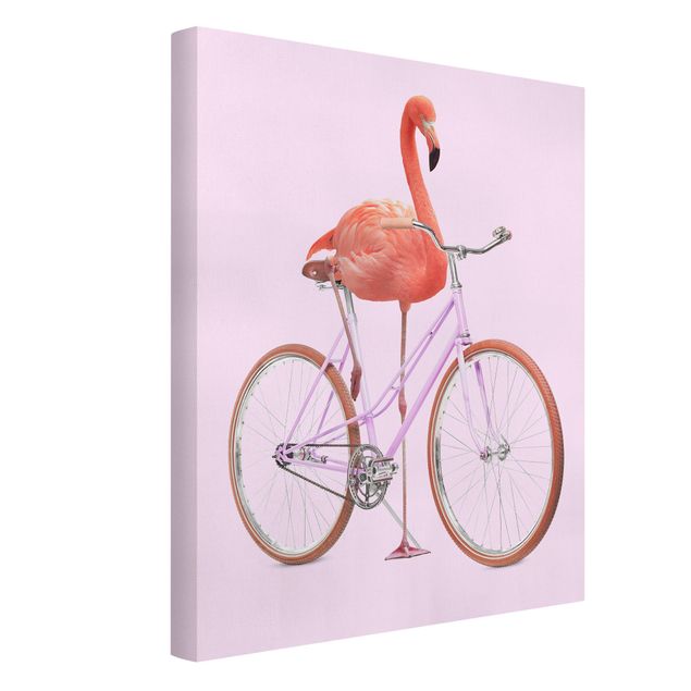 Leinwandbild Kunstdruck Flamingo mit Fahrrad