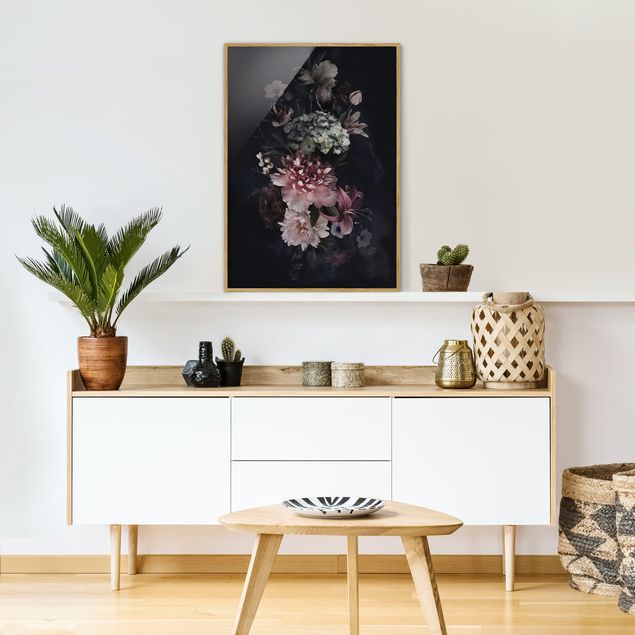 Kunstdrucke mit Rahmen Blumen mit Nebel auf Schwarz