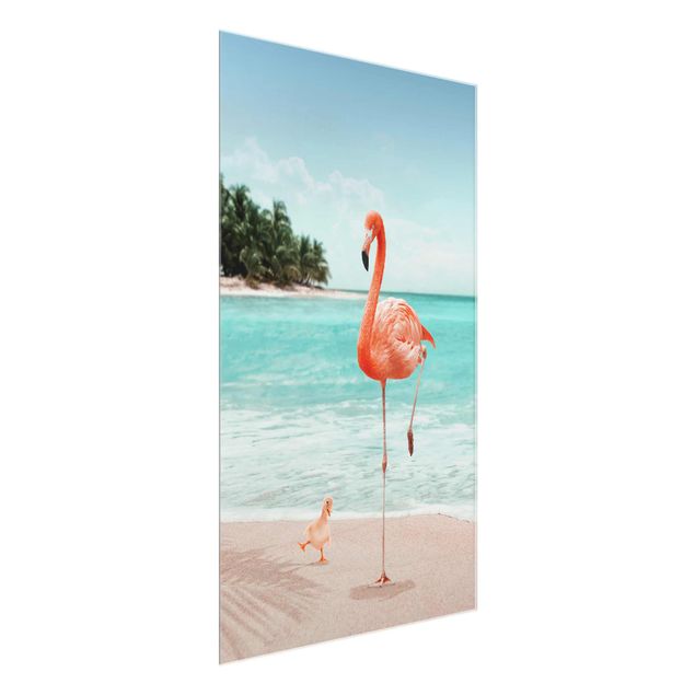 Wandbilder Glas XXL Strand mit Flamingo