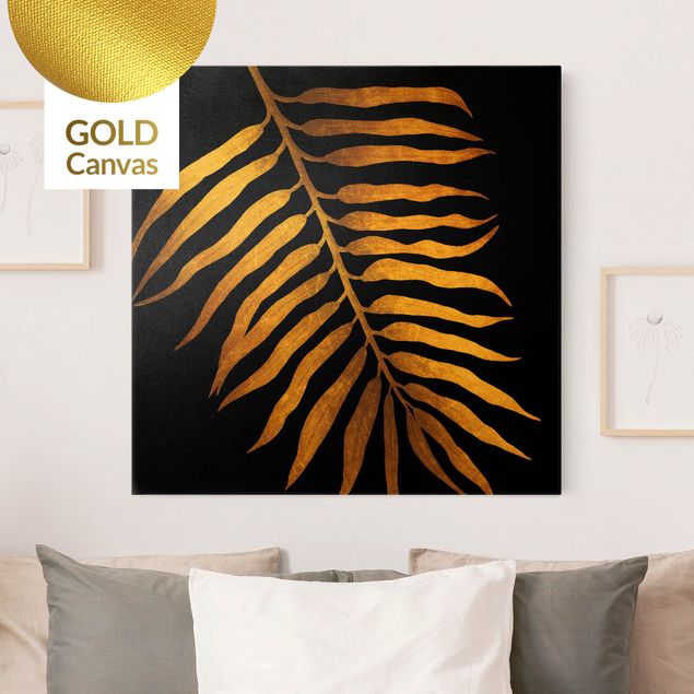 Leinwandbild Gold - Gold - Palmenblatt II auf Schwarz - Quadrat 1:1