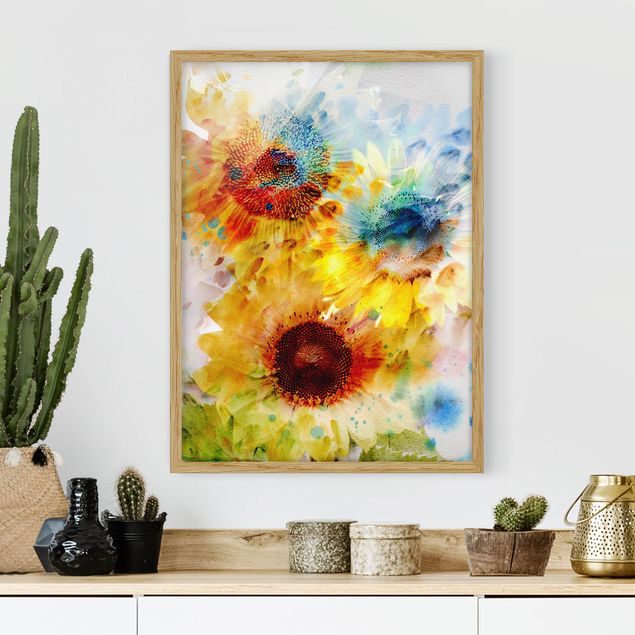 Kunstdruck Bilder mit Rahmen Aquarell Blumen Sonnenblumen