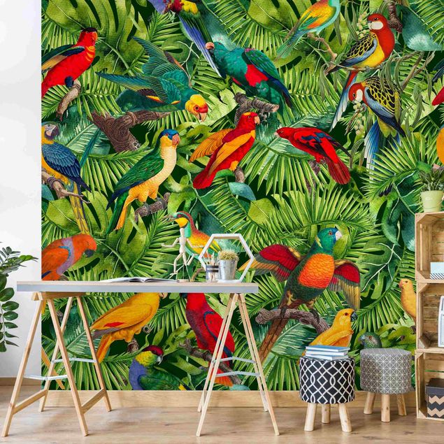 Blumentapete Bunte Collage - Papageien im Dschungel
