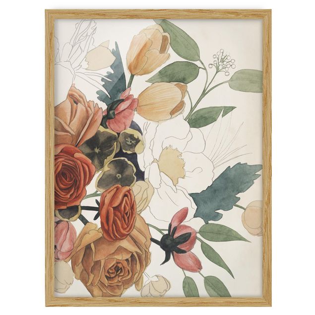 Bilder mit Rahmen Zeichnung Blumenbouquet in Rot und Sepia II