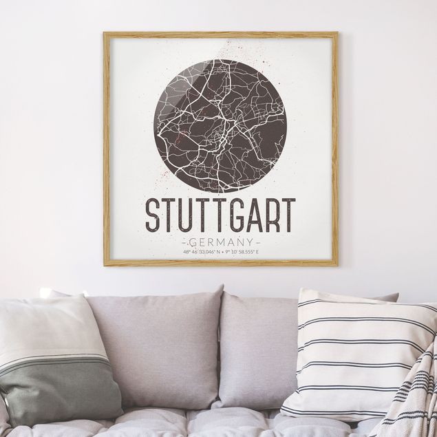 Gerahmte Bilder Sprüche Stadtplan Stuttgart - Retro