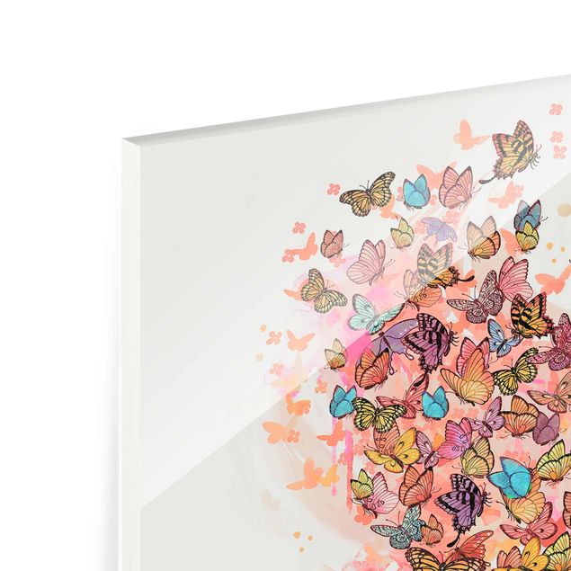 Glasbild - Illustration Katze mit bunten Schmetterlingen Malerei - Hochformat 4:3