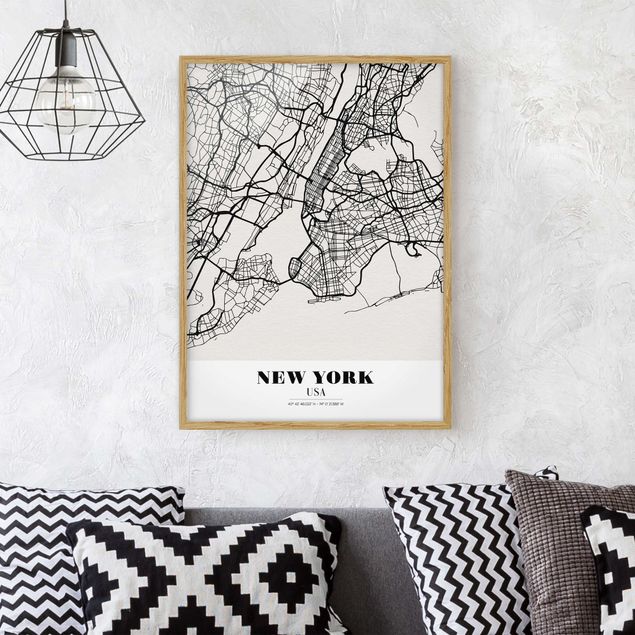 Bilder mit Rahmen Schwarz-Weiß Stadtplan New York - Klassik