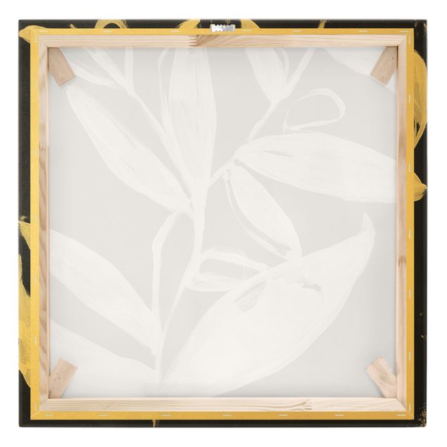 Leinwandbild Gold - Gemalte Blätter auf Schwarz - Quadrat 1:1