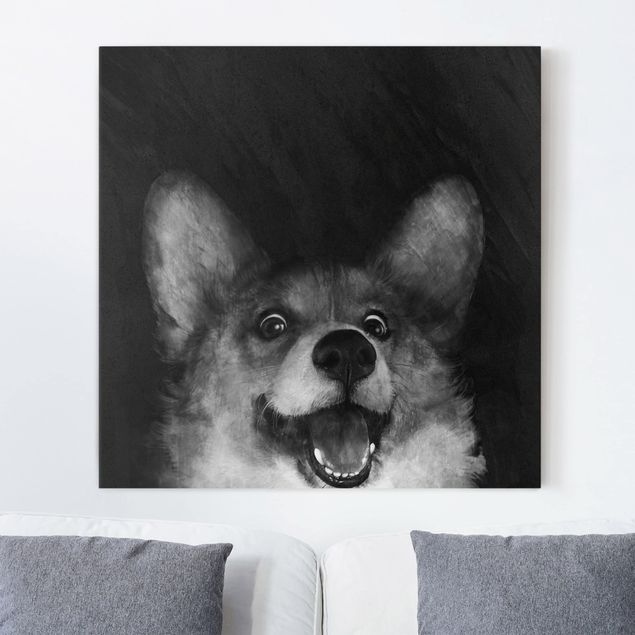 Leinwandbild - Illustration Hund Corgi Malerei Schwarz Weiß - Quadrat 1:1