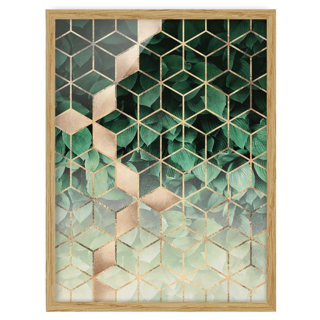 Gerahmte Kunstdrucke Grüne Blätter goldene Geometrie