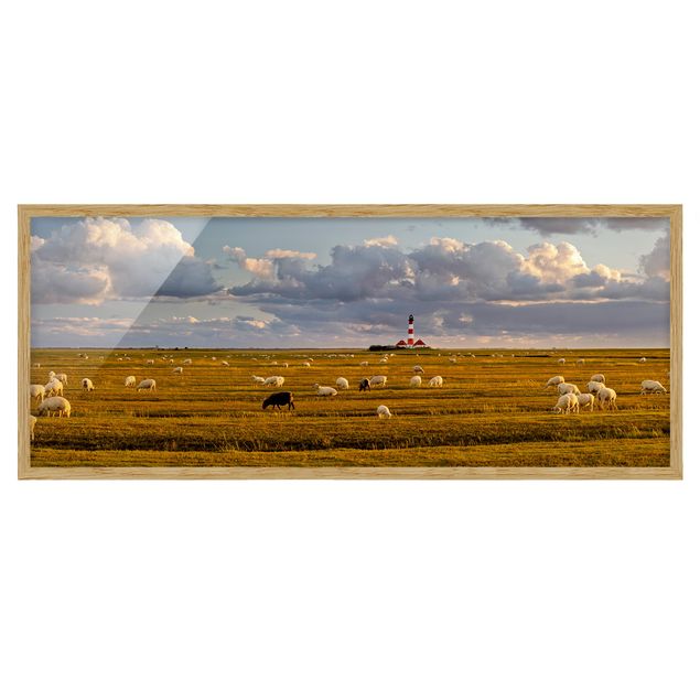 Wandbilder mit Rahmen Nordsee Leuchtturm mit Schafsherde