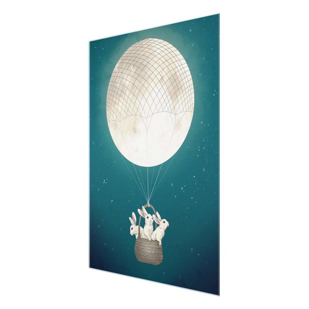 Glas Wandbilder Illustration Hasen Mond-Heißluftballon Sternenhimmel
