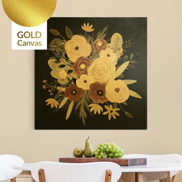 Leinwandbild Gold - Pastell Blumenbouquet vor Grün II - Quadrat 1:1