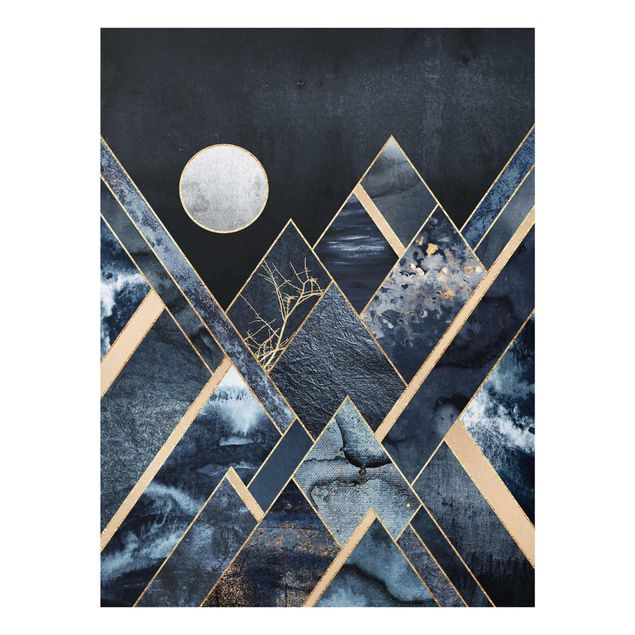 Abstrakte Glasbilder Goldener Mond abstrakte schwarze Berge