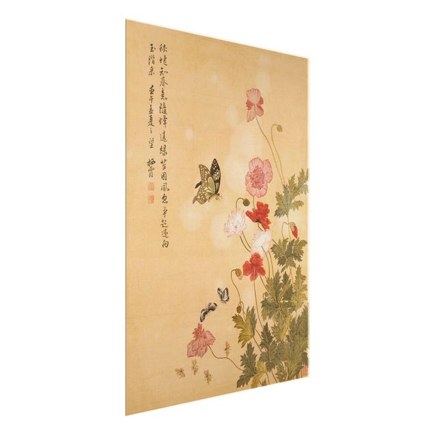 Glasbilder Blumen Yuanyu Ma - Mohnblumen und Schmetterlinge